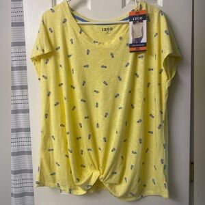 IZOD Yellow Tee With Blue Pineapple Print Cap Sleeve Twist Hem Top Size XXL NWT